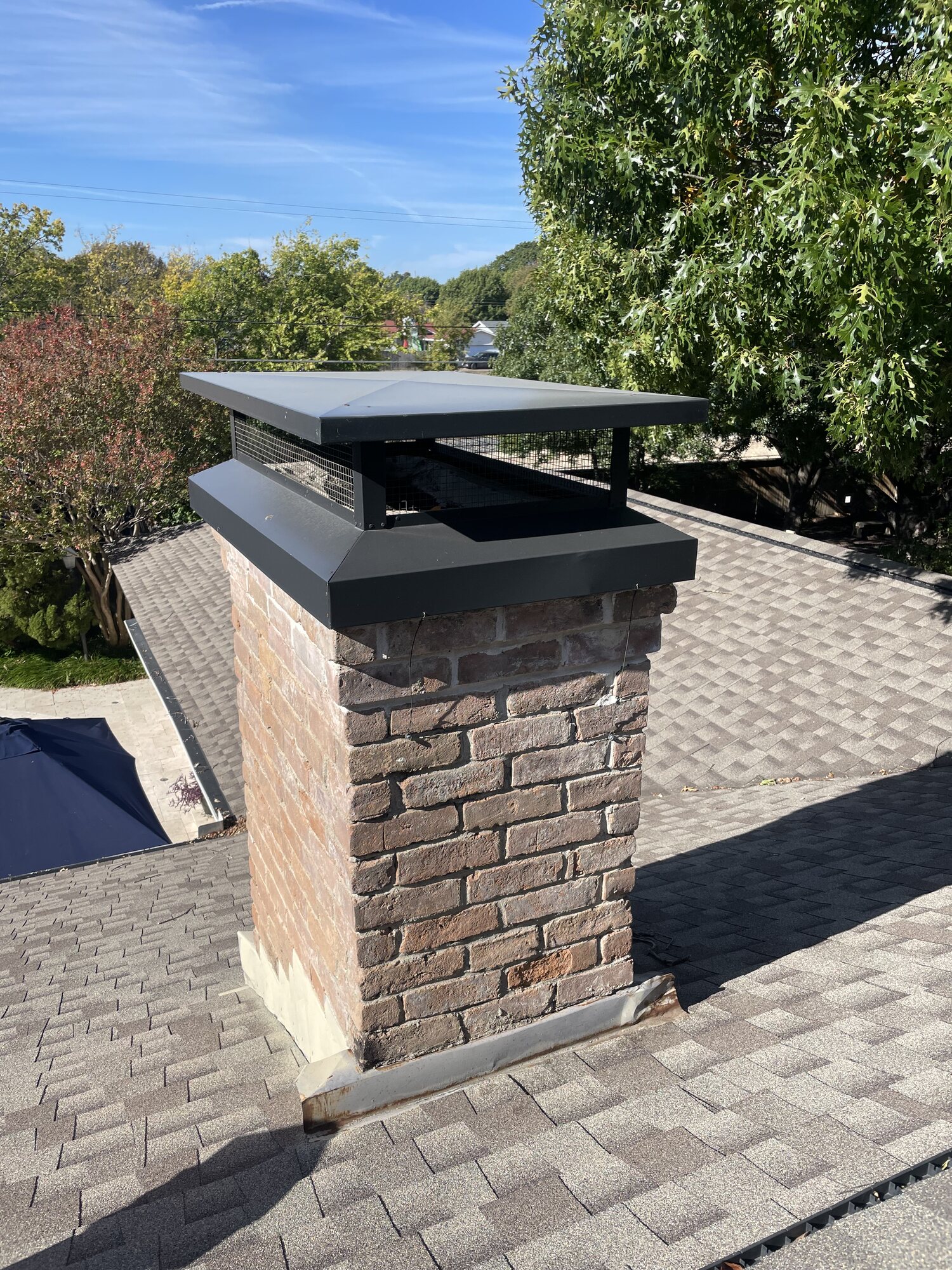 Black full-coverage chimney cap with mesh screen and crown surround installed on a brick chimney above asphalt shingles